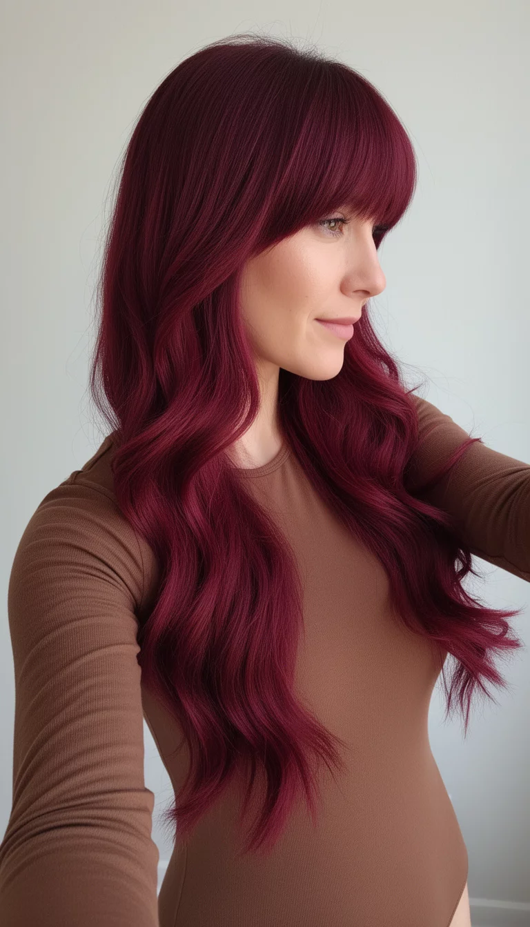 selfie of a 33-year-old woman wearing a brown long-sleeved bodysuit with a multi-layered, rich maroon, long hairstyle featuring heavy face-framing layers and bangs colored hair, side view, minimal background