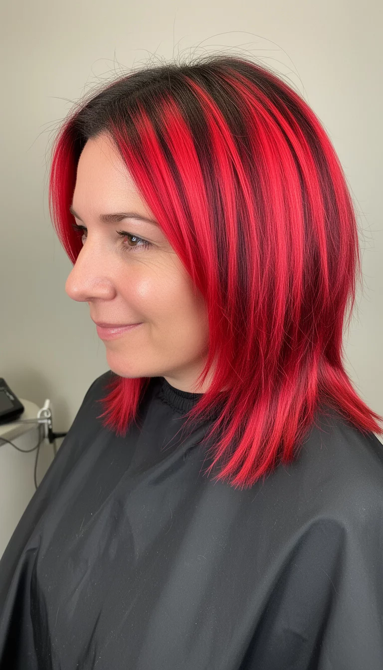 selfie of a 37-year-old woman wearing a salon cape with a dark roots transitioning to vibrant, neon red highlights throughout medium-length layered hair colored hair, side view, minimal background