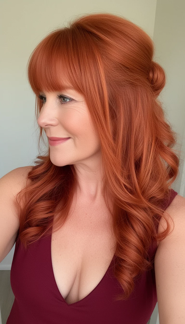 selfie of a 45-year-old woman wearing a maroon low-cut top with a long, wavy, bright auburn hair styled half-up with long bangs colored hair, side view, minimal background
