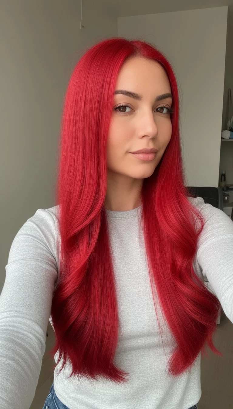 selfie of a 32-year-old woman wearing a light gray long-sleeved top with a long, straight, vibrant red hair styled with waves colored hair, side view mirror selfie, minimal background