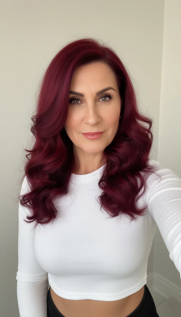 selfie of a 40-year-old woman wearing a white long-sleeved cropped top with a rich burgundy, voluminous, wavy hair styled with a side part colored hair, side view mirror selfie, minimal background