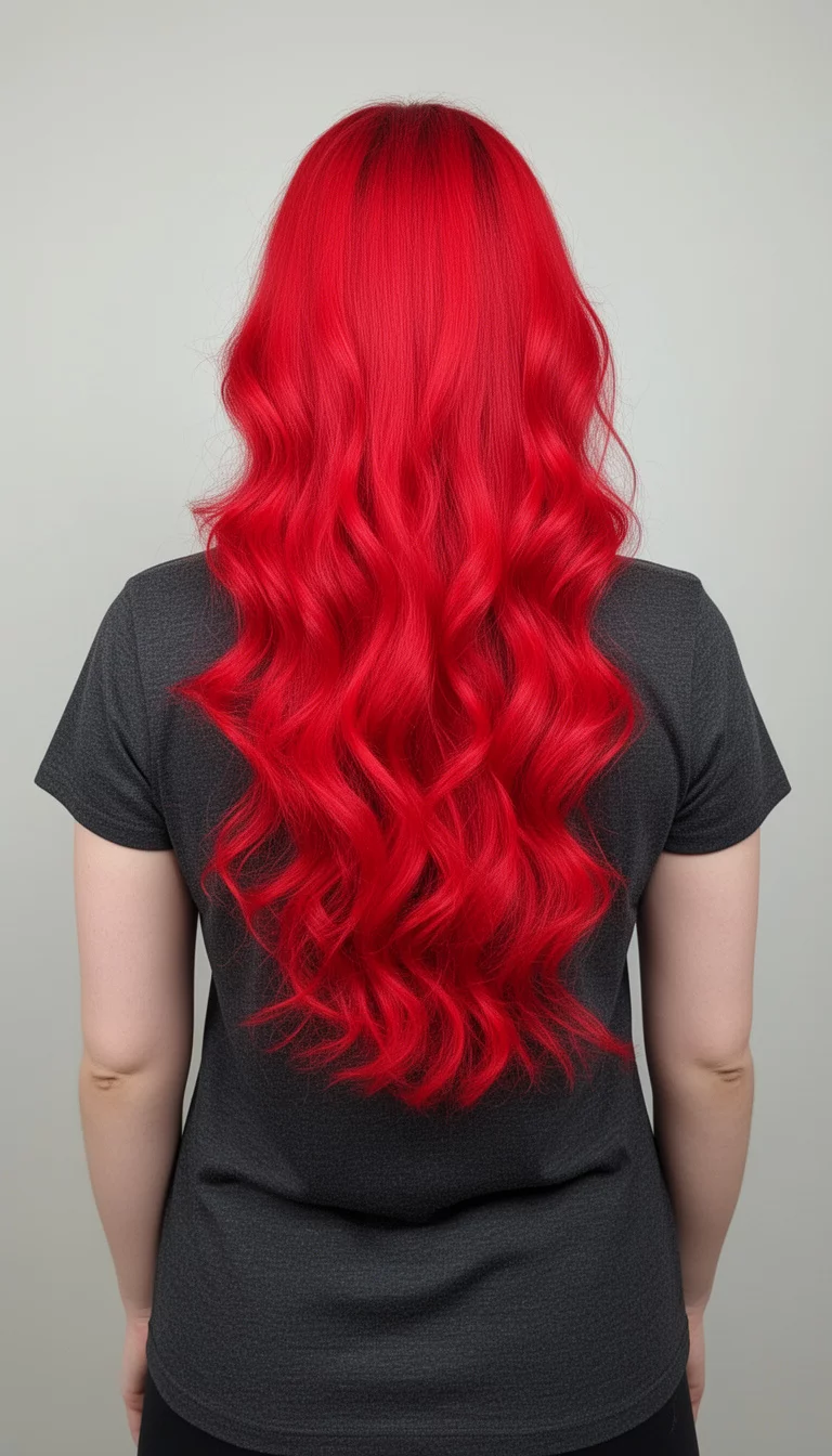 selfie of a 34-year-old woman wearing a dark gray t-shirt with a vibrant, bright red, long, wavy hair colored hair, showcasing full body and color saturation from the back, minimal background