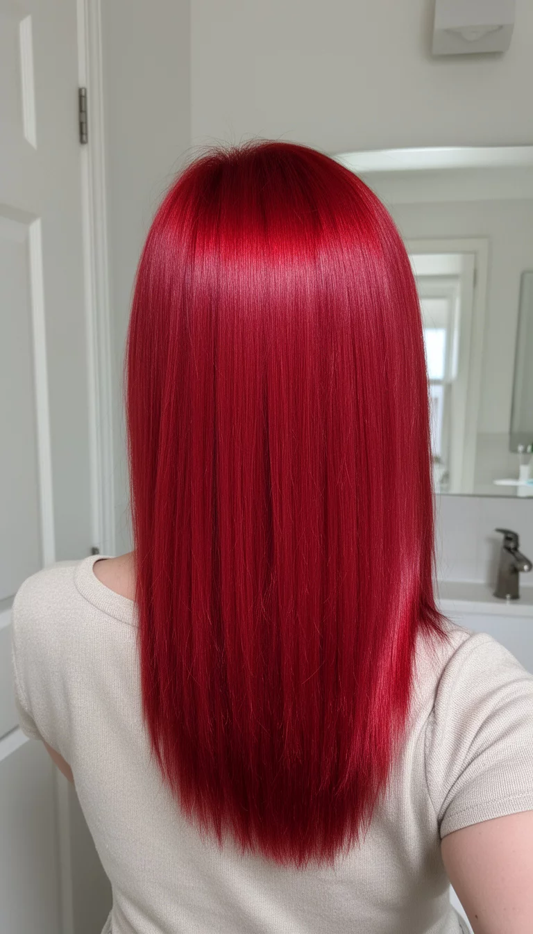 selfie of a 46-year-old woman wearing a light top with a vivid, shiny red, straight medium-length hair colored hair, seen from the back in a bathroom setting, minimal background