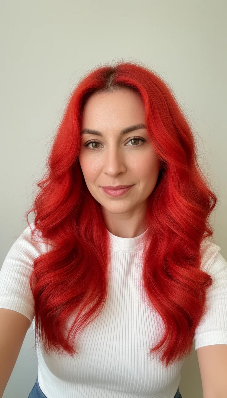 selfie of a 35-year-old woman wearing a white ribbed short-sleeved top with a vibrant, fiery red, long wavy hair framing her face colored hair, front view, minimal background