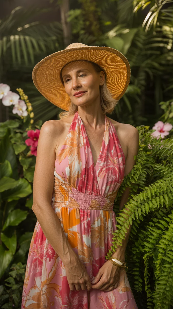 A beautiful mature woman wearing a vibrant pink and orange floral halter dress and a wide straw hat stands in a lush, subtropical garden setting.