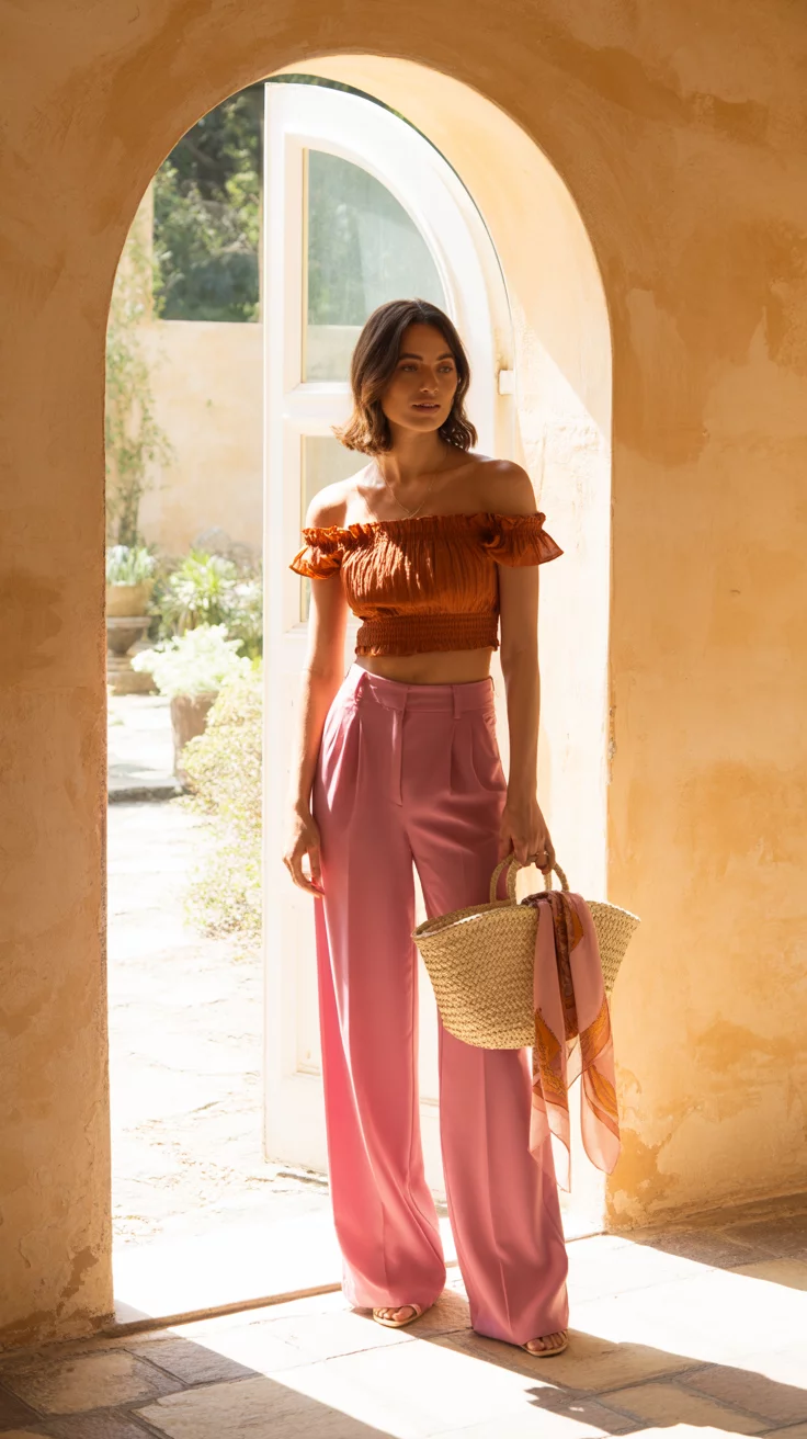 A beautiful woman in a ruffled burnt orange off the shoulder crop top and high waisted wide leg pink trousers stands in a doorway with a straw bag decorated with a scarf.