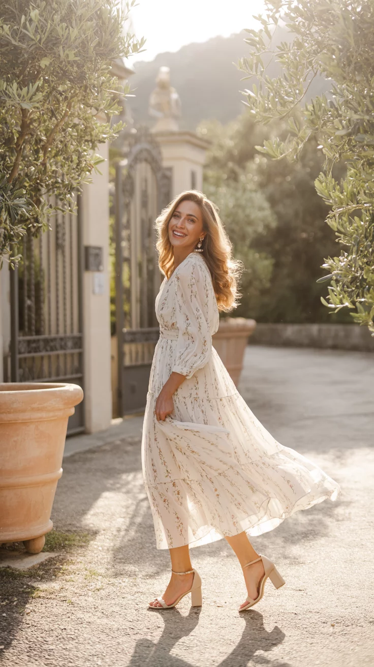A beautiful woman in a white short sleeved floral midi dress and nude ankle strap heels stands smiling on a gravel path near potted trees and a dark metal gate.