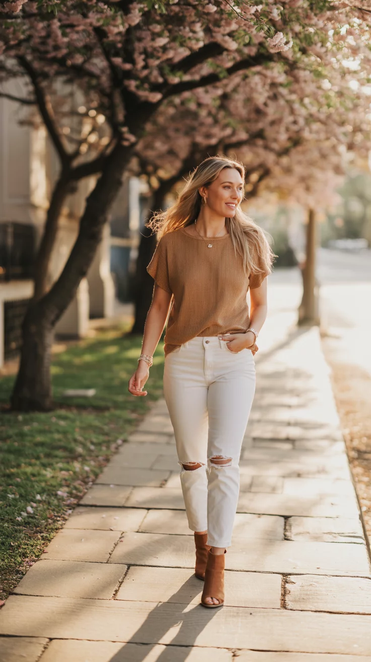 A beautiful woman wearing a tan short sleeve knit top, ripped white skinny jeans, and brown peep toe booties walks on a stone sidewalk near a blossoming tree.