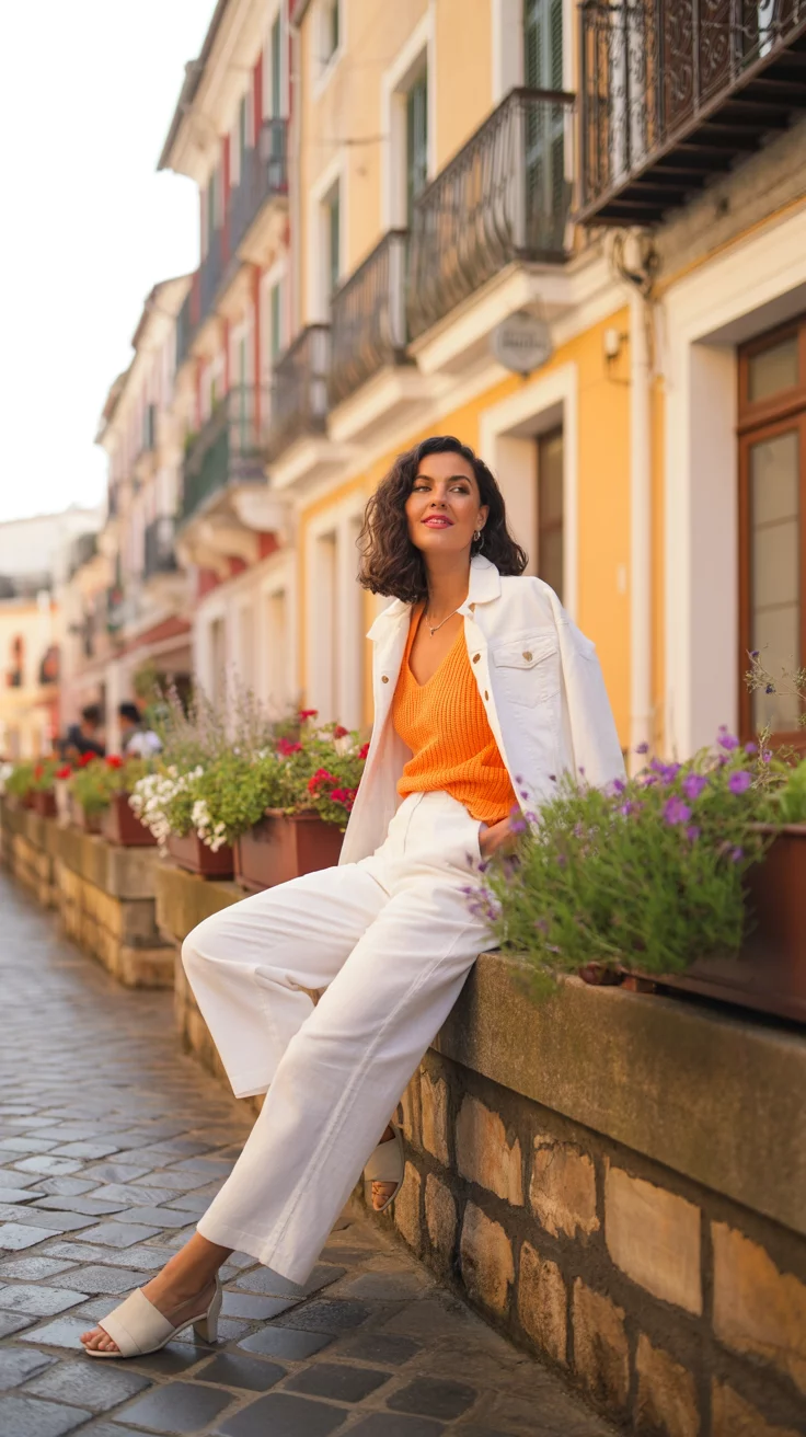 A beautiful stylish woman in an orange top, white wide leg pants, and a white denim jacket sits on a stone retaining wall in a European style town setting.