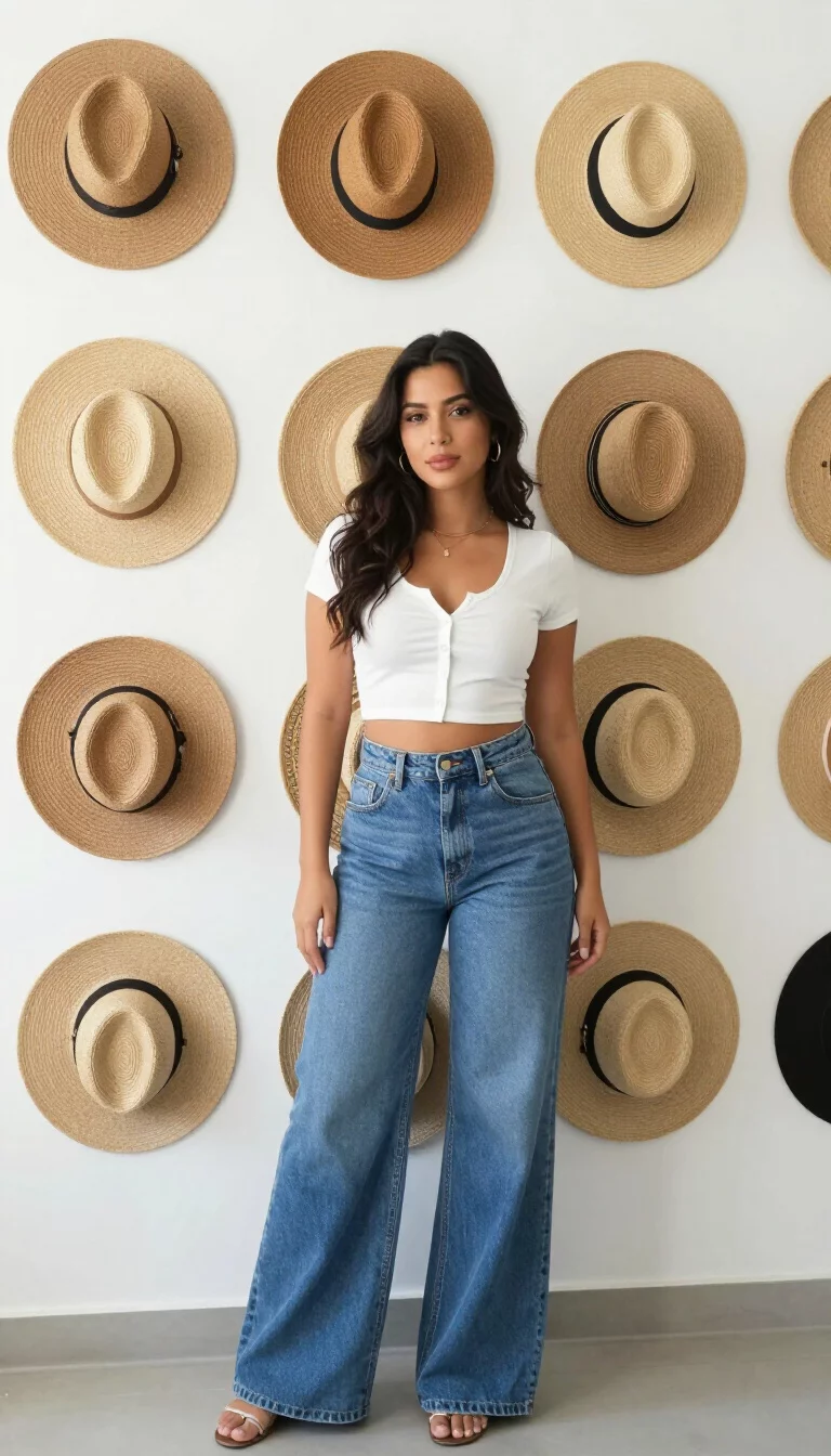 A beautiful woman in a white button up crop top and wide leg blue jeans poses in a bright room with many straw hats displayed on the white wall behind her.