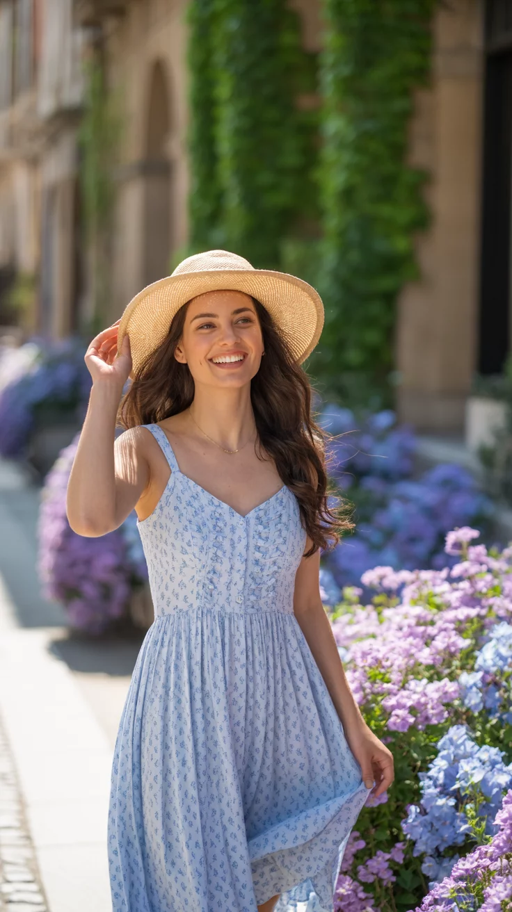 A beautiful smiling woman wearing a light blue small floral print sundress and a wide brimmed straw hat walks on a sidewalk bordered by purple and blue spring flowers.