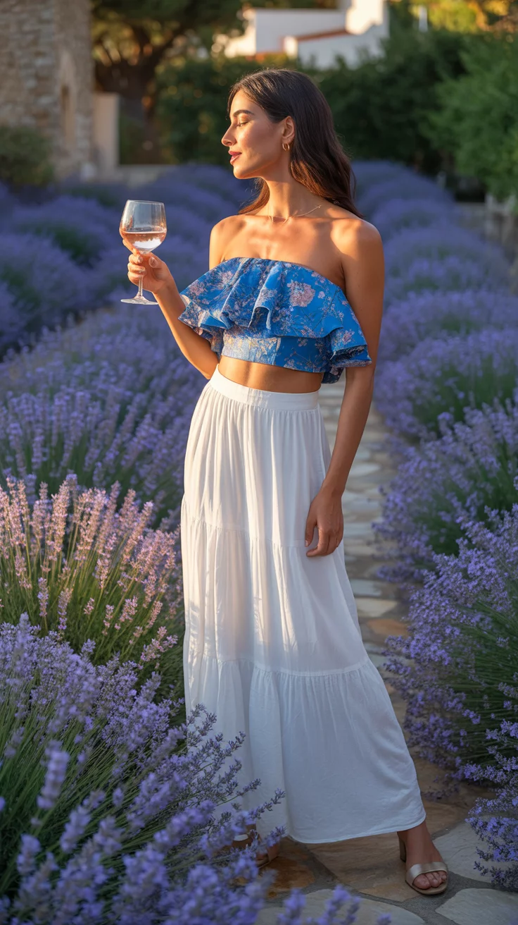 A beautiful woman in a blue floral ruffled strapless top and a tiered white maxi skirt holds a glass of rosé while standing among lavender bushes in a sunny Mediterranean style garden.