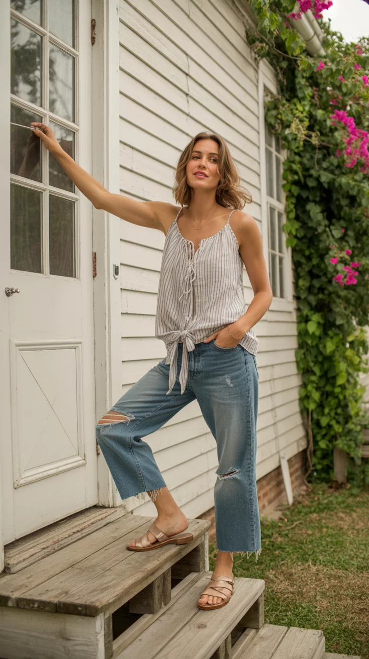 A beautiful woman wearing a striped tie front camisole, ripped boyfriend blue jeans, and strapped flat sandals poses on porch steps in front of a clapboard house.