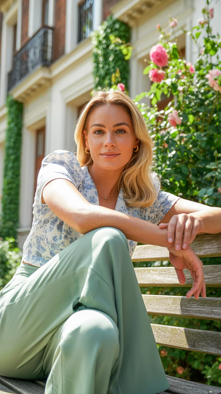 A beautiful blonde woman wearing a light blue floral short sleeve blouse and sage green wide leg trousers sits smiling on a wooden bench outdoors near a brick building.