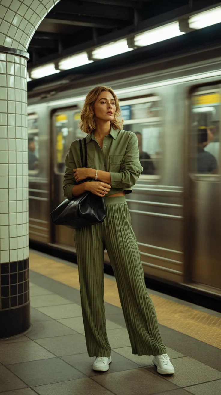 A beautiful woman wears a monochromatic olive green ensemble featuring a cropped utility shirt, wide leg pleated trousers, and white sneakers while holding a black bag in a subway station.