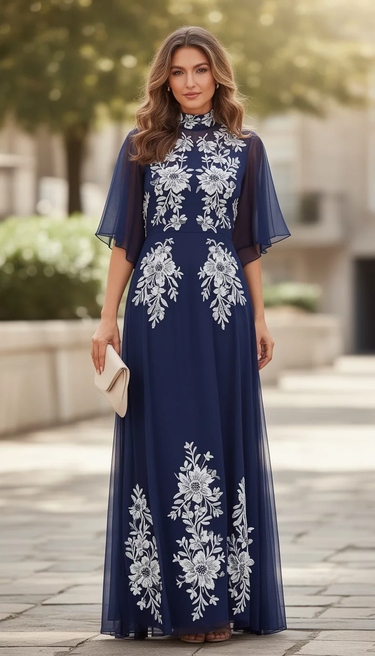 A beautiful woman in a navy blue maxi dress with sheer flutter sleeves and a high neck, adorned with white floral embroidery, holding a light clutch.