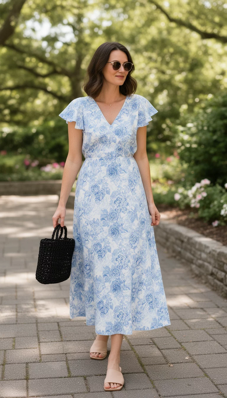 A beautiful woman in a light blue and white floral print midi dress with short flutter sleeves, holding a black woven handle bag and wearing nude slide sandals.