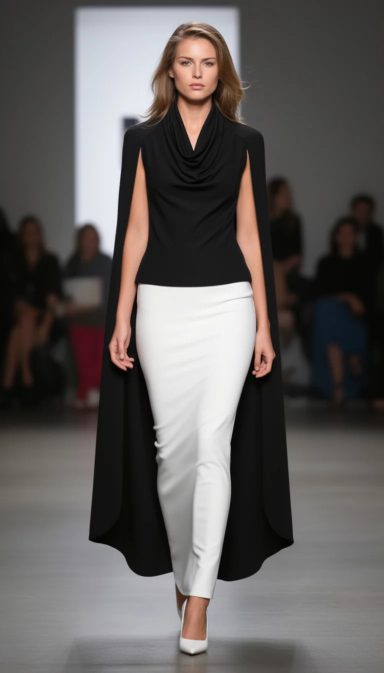 A beautiful woman in a dramatic black sleeveless top featuring a draped cowl neck and cape-like sides, paired with a long fitted white skirt and white pointed-toe heels.