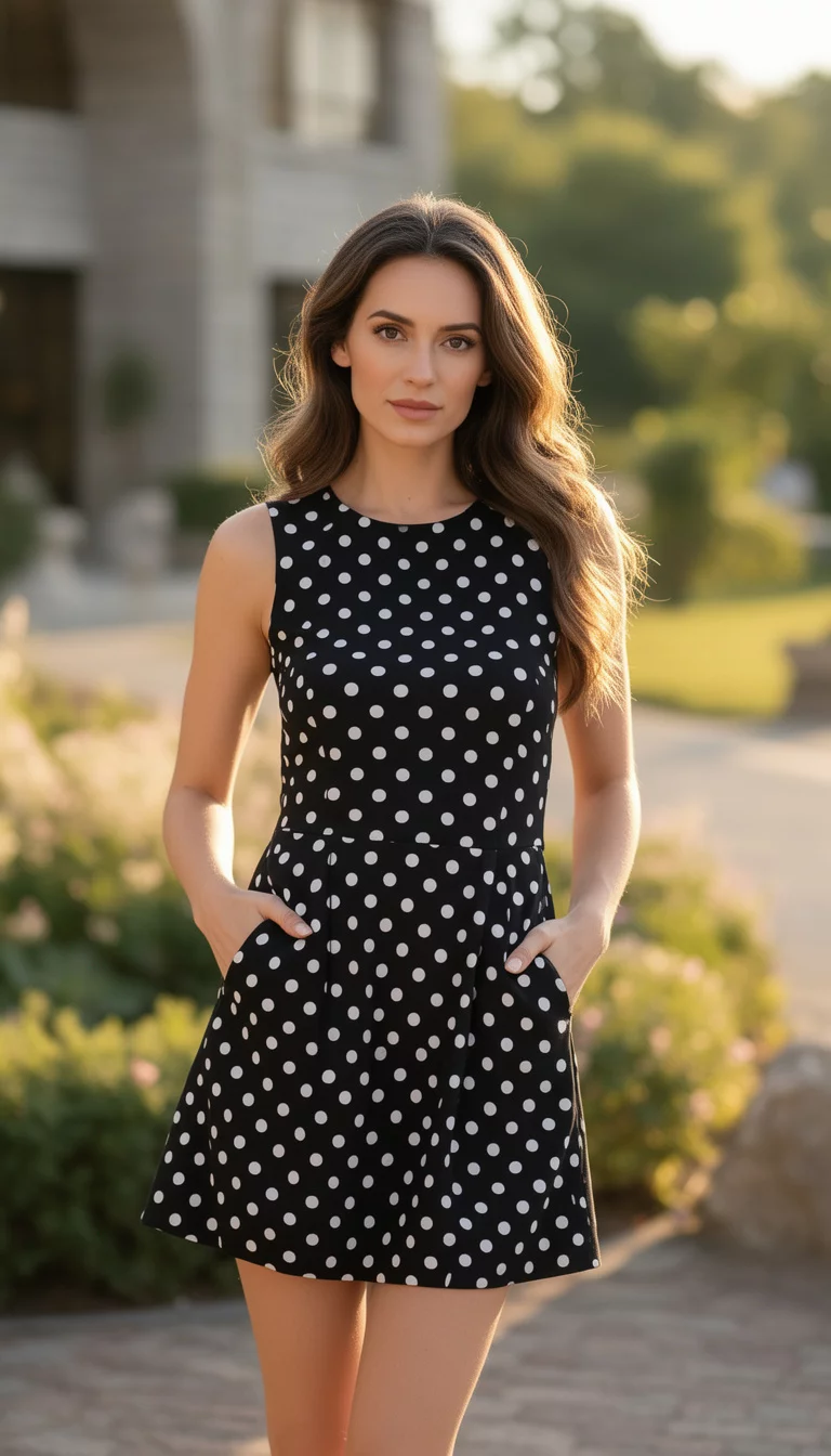 A beautiful woman in a sleeveless black mini dress featuring a white polka dot pattern, posing with her hands in the pockets.