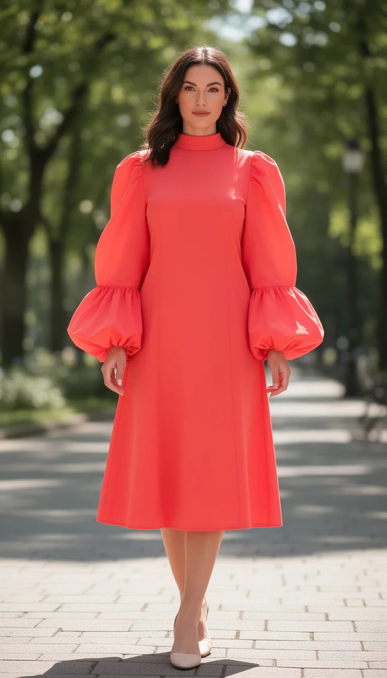 A beautiful woman in a vibrant coral-red midi dress with a high neckline and dramatic billowy long puff sleeves, paired with simple light footwear, standing outdoors.