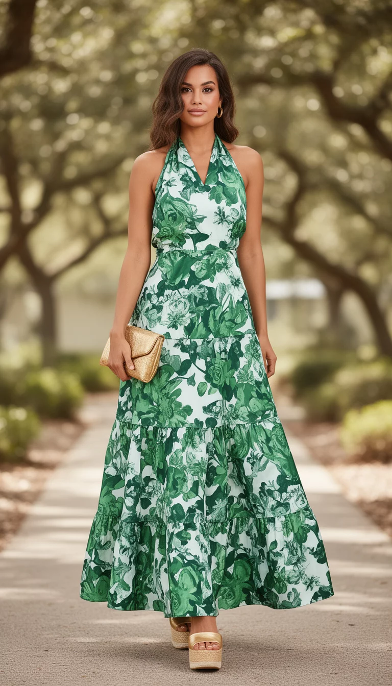 A beautiful woman in a green and white large floral print satin halter-neck maxi dress with a tiered skirt, accessorized with gold platform espadrilles and a gold clutch.