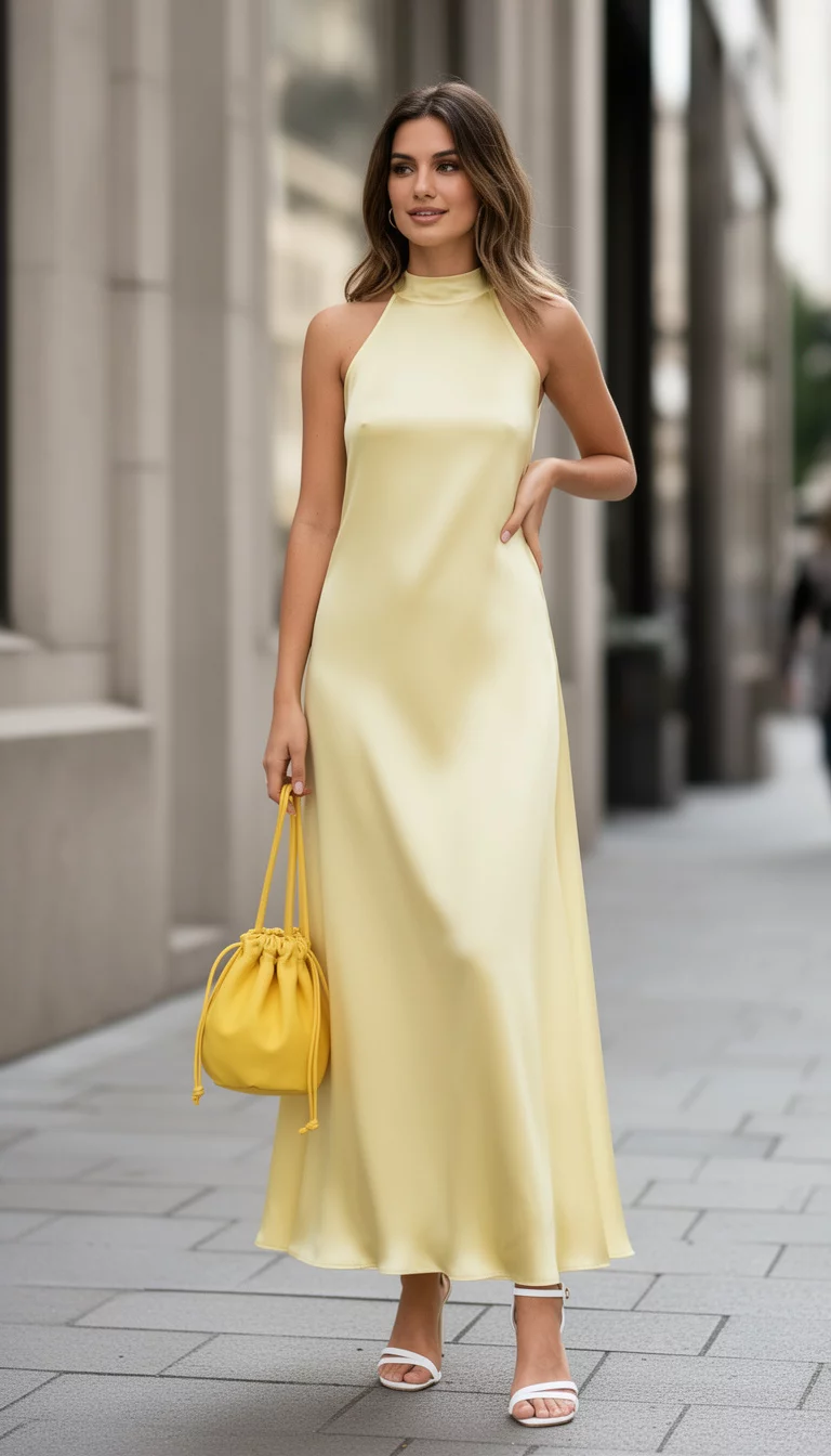 A beautiful woman in a pale yellow satin sleeveless slip maxi dress with a high neck, holding a matching yellow drawstring pouch bag and wearing white strappy heeled sandals.