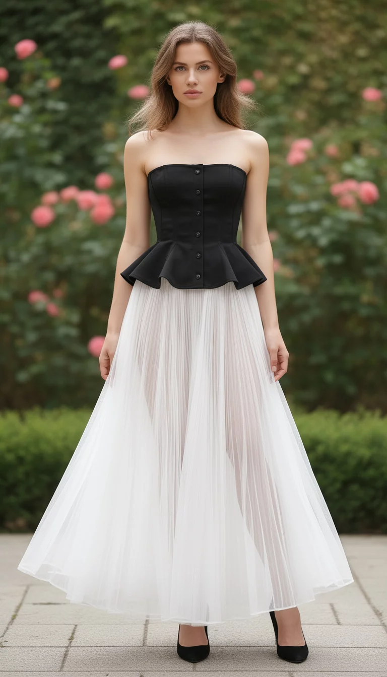 A beautiful woman in a black strapless button-front peplum corset top paired with a voluminous white sheer pleated maxi skirt and black heels.