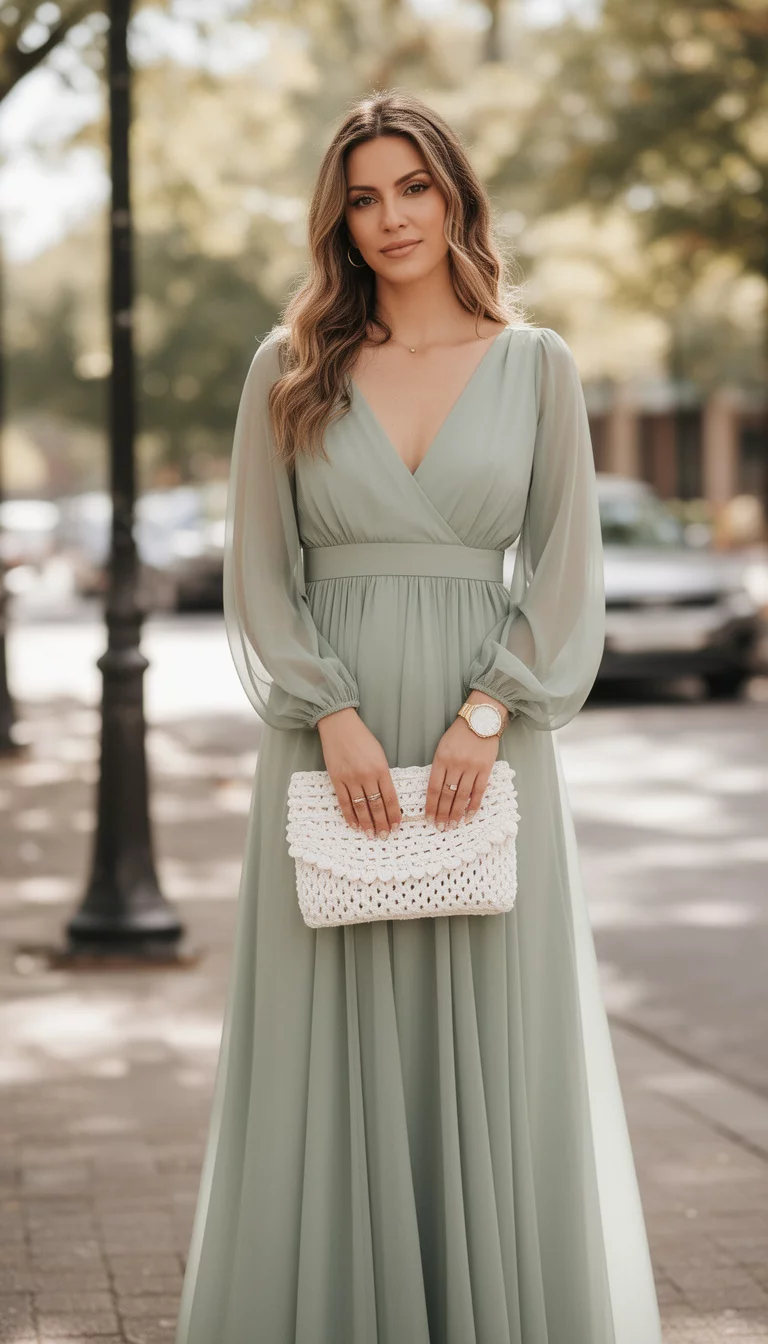 A beautiful woman in a light sage green long-sleeved maxi dress featuring a deep V-neck and sheer billowing sleeves, holding a white woven clutch.