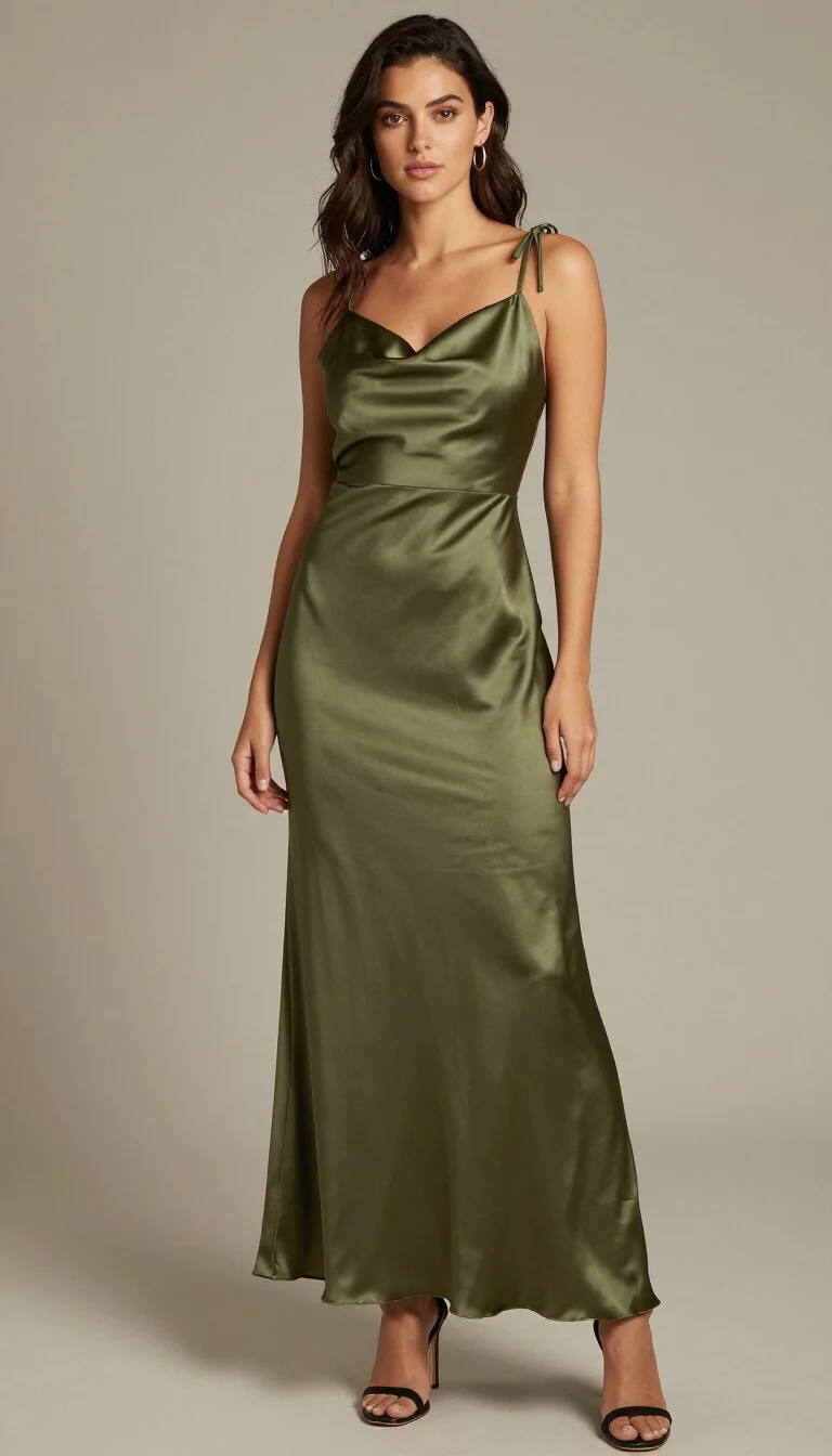 A beautiful woman in an olive-green satin maxi dress featuring an asymmetrical draped bodice and adjustable knotted shoulder straps, with simple heeled sandals.