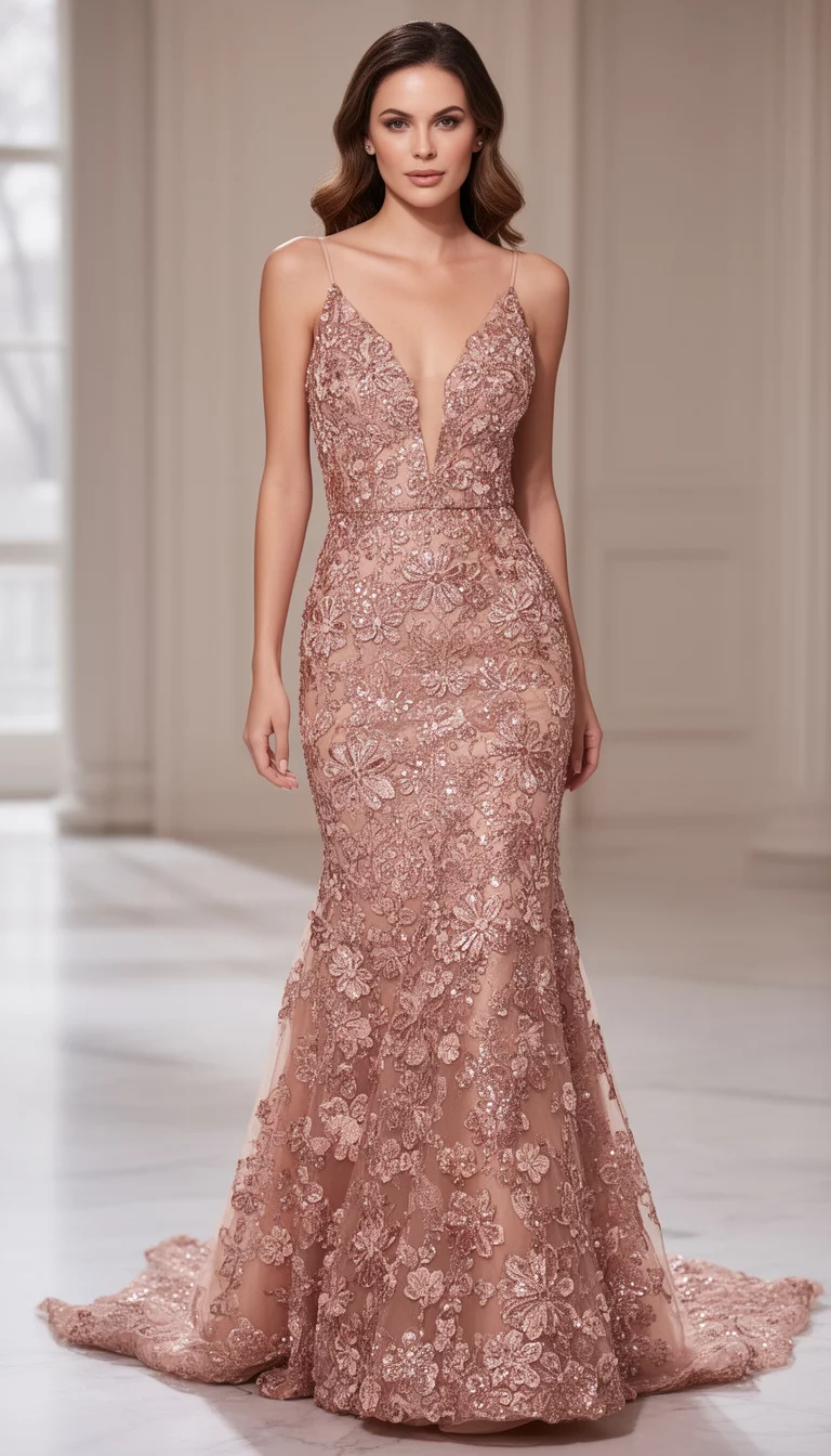 A beautiful woman in a stunning rose gold gown with a spaghetti strap V-neck bodice and a mermaid silhouette, intricately covered in sequined floral appliqués.