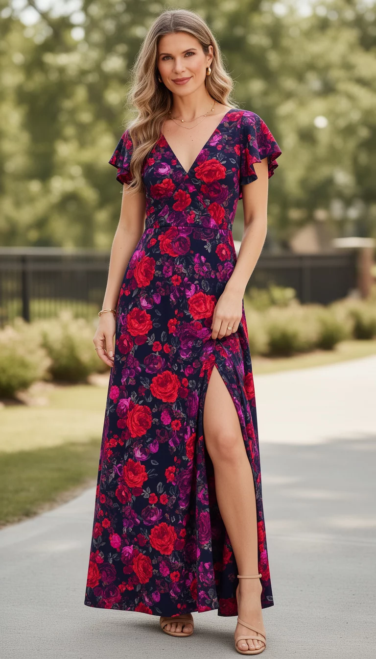 A beautiful woman in a dark navy maxi dress covered in a vibrant red and pink floral print, featuring a V-neck, short ruffled sleeves, and a high side slit, with strappy heels.