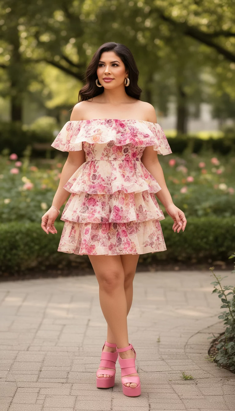 A beautiful woman in a short tiered off-the-shoulder floral mini dress in shades of pink and cream, paired with pink chunky strapped heels.