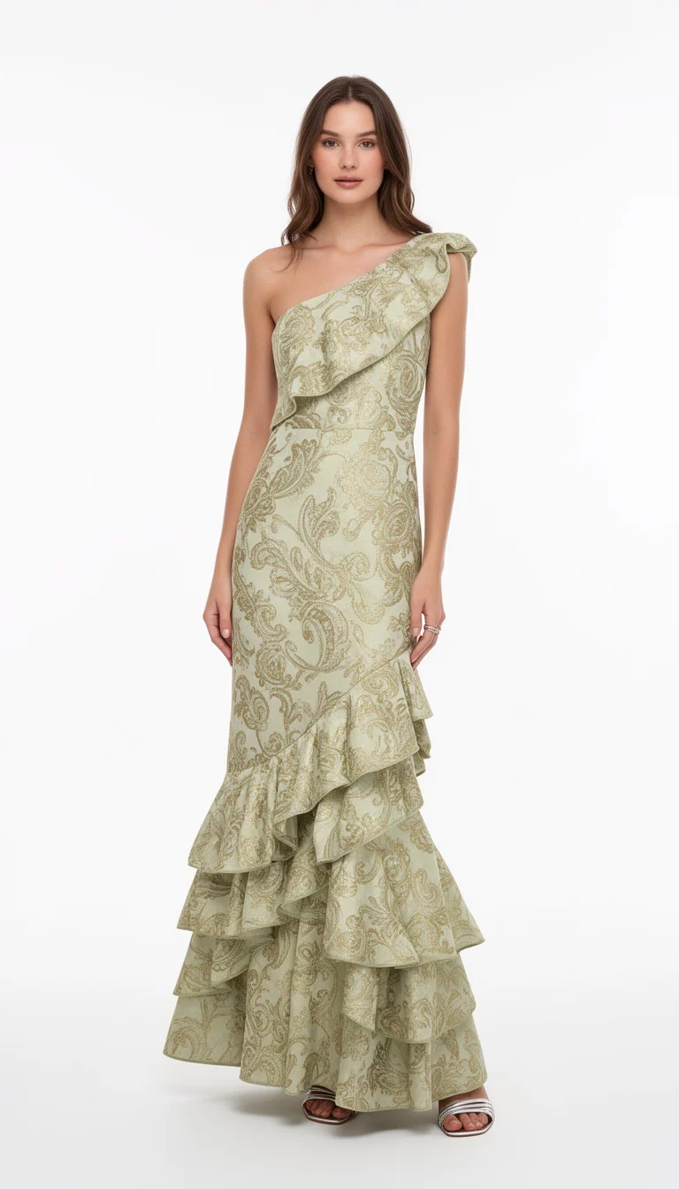 A beautiful woman in a pale green and gold brocade one-shoulder maxi gown with tiered ruffle detailing and metallic sandals, standing against a white background.