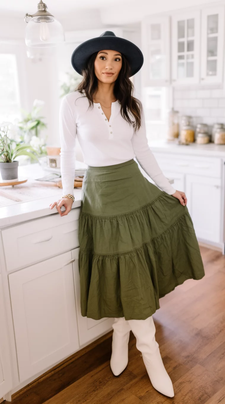 A beautiful woman in a white henley top, an olive green tiered midi skirt, tall white boots, and a dark hat, she poses casually in a bright kitchen area.
