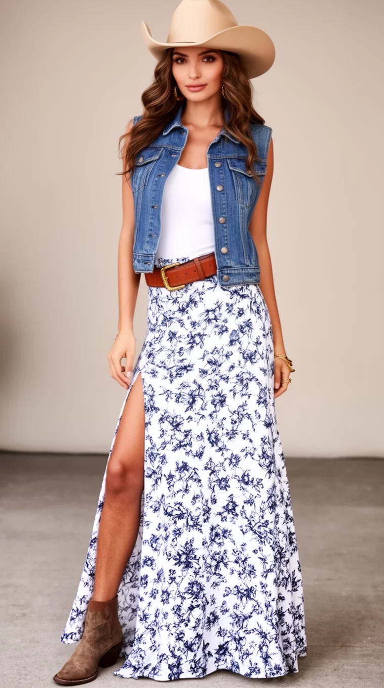 A beautiful woman in a white tank top, a fitted denim vest, a long white and blue floral print maxi skirt with a high slit, a wide brown belt, and a light cowboy hat.