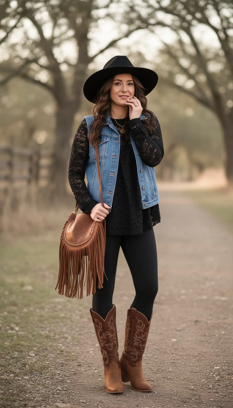 A beautiful woman in a black lace long sleeve top, a denim vest, black leggings, brown high heeled cowboy boots, a black wide brimmed hat, and a fringed brown bag.