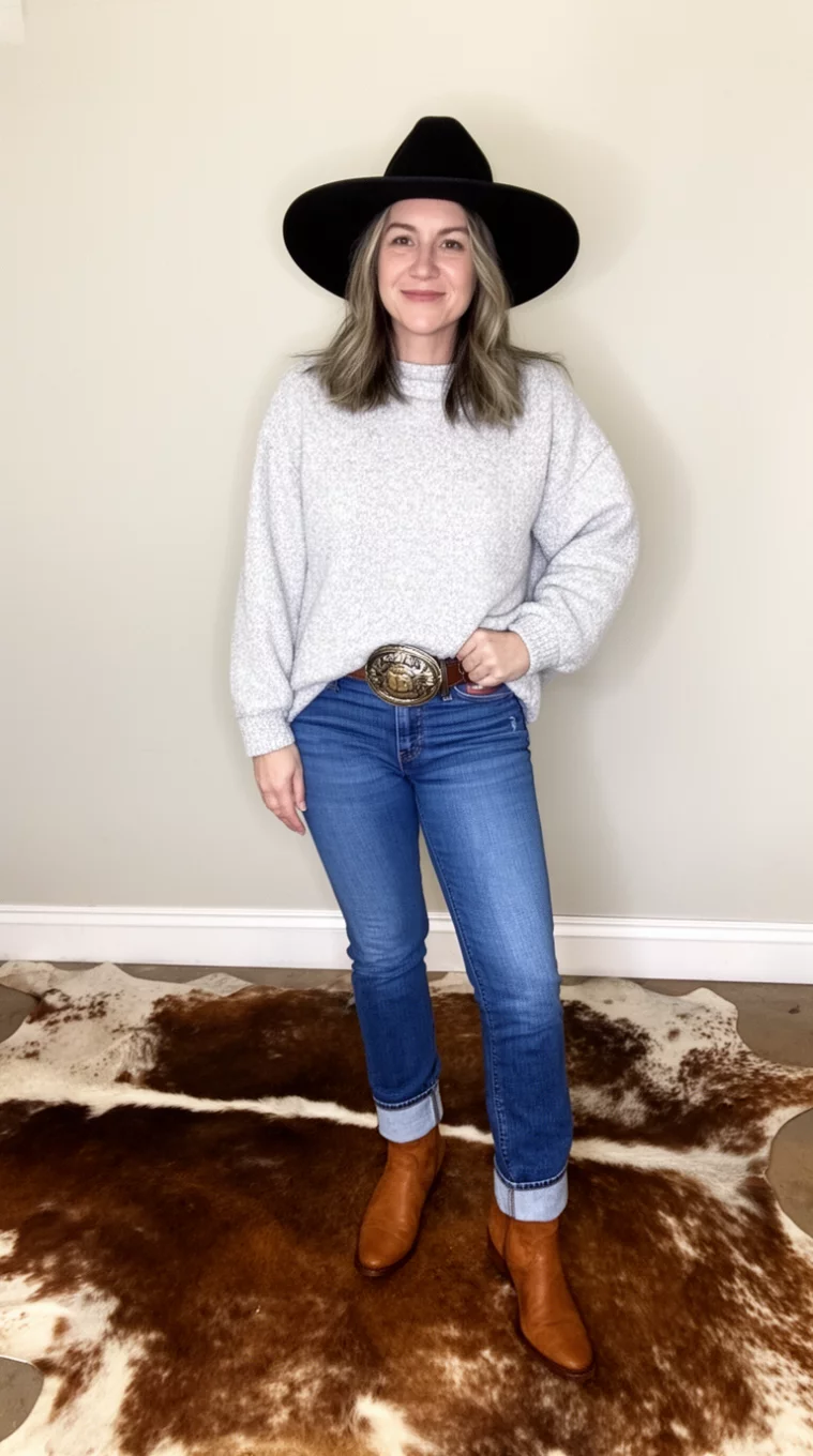 A beautiful woman in a light grey fleece pullover, blue jeans with cuffs, a large belt buckle, brown short boots, and a black wide brimmed hat, she stands on a cowhide rug.