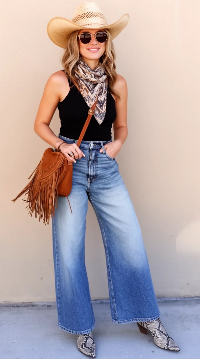 A beautiful woman in a black tank top, wide leg jeans, a fringed bag, a straw cowboy hat, sunglasses, a patterned scarf, and snakeskin boots.