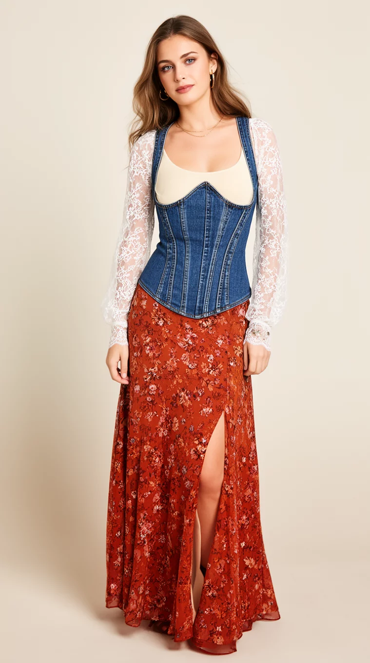 A beautiful woman in a sheer white lace long sleeve top over a cream tank, a denim corset vest, and a long rust colored floral maxi skirt with a slit.