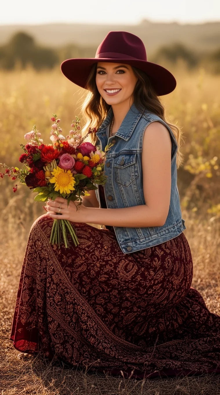 A beautiful woman kneeling in a denim vest, a long dark red and gold patterned maxi skirt, and a wide brimmed dark red hat, she holds a bouquet of flowers.