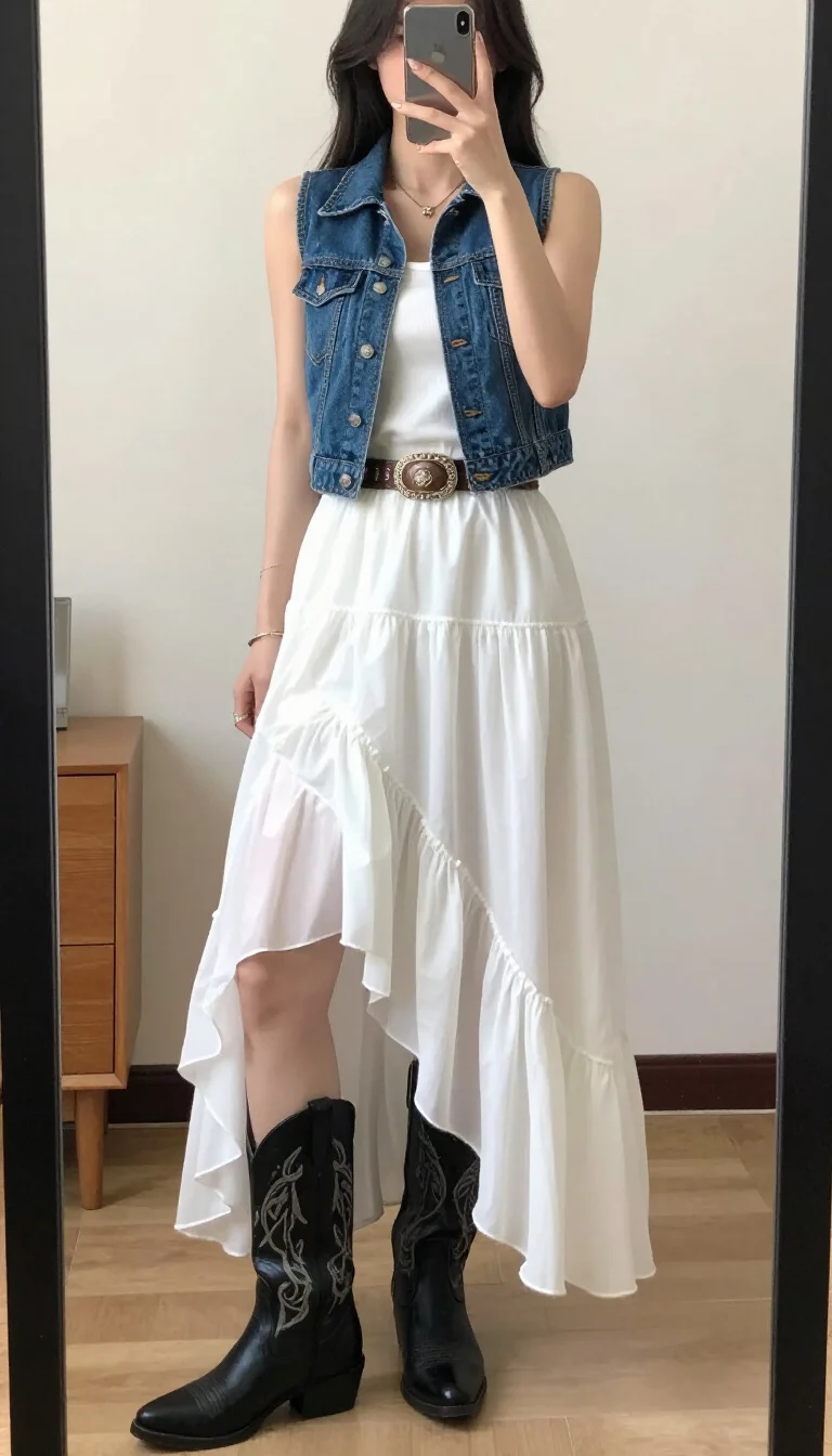 A beautiful woman in a white tiered high low ruffled skirt, a denim vest over a white undershirt, a decorative belt, and black cowboy boots, she takes a mirror selfie.