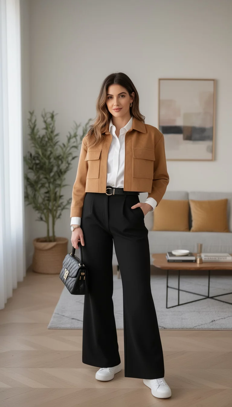 A beautiful woman in a white shirt, black wide-leg trousers with a belt, white sneakers, a tan cropped jacket, and holding a black handbag in a stylish room.