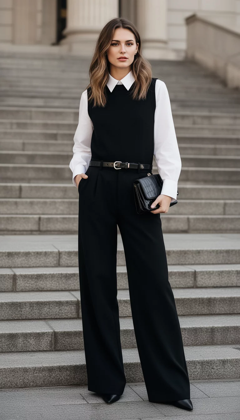 A beautiful woman in a black sleeveless top over a white collared shirt, black wide-leg trousers with a belt, holding a black clutch on stone stairs.