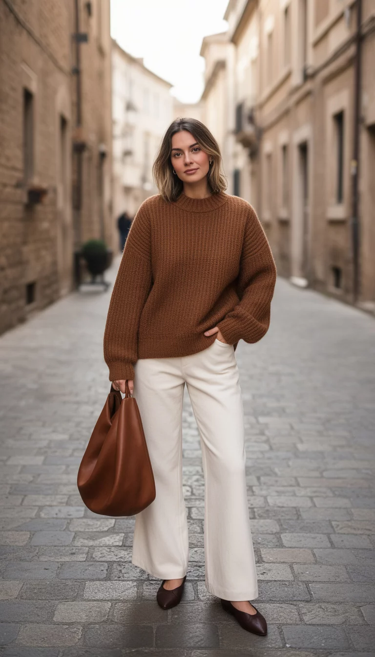 A beautiful woman in an oversized brown knit sweater, cream wide-leg trousers, and dark brown flats carrying a brown slouchy bag on a stone-paved street.