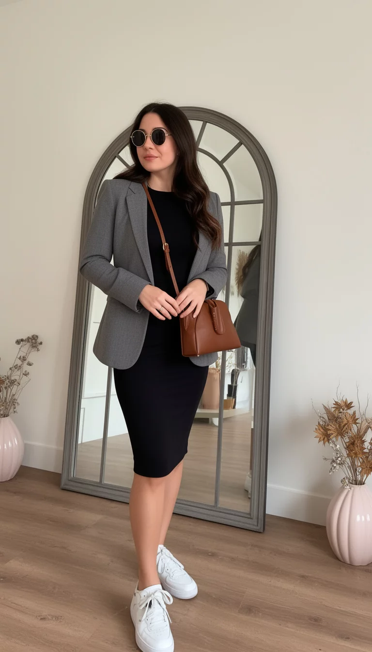 A beautiful woman in a black fitted dress, a gray blazer, white sneakers, round sunglasses, and a brown shoulder bag standing near an arched mirror.