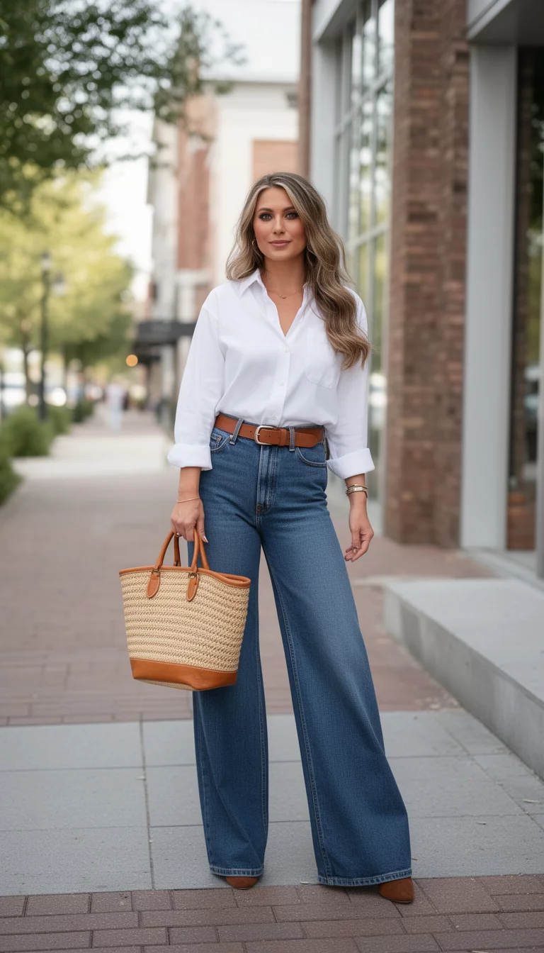 A beautiful woman in a white button-down shirt, wide-leg blue jeans, a brown belt, and carrying a woven straw tote bag with tan leather trim, posing outside.