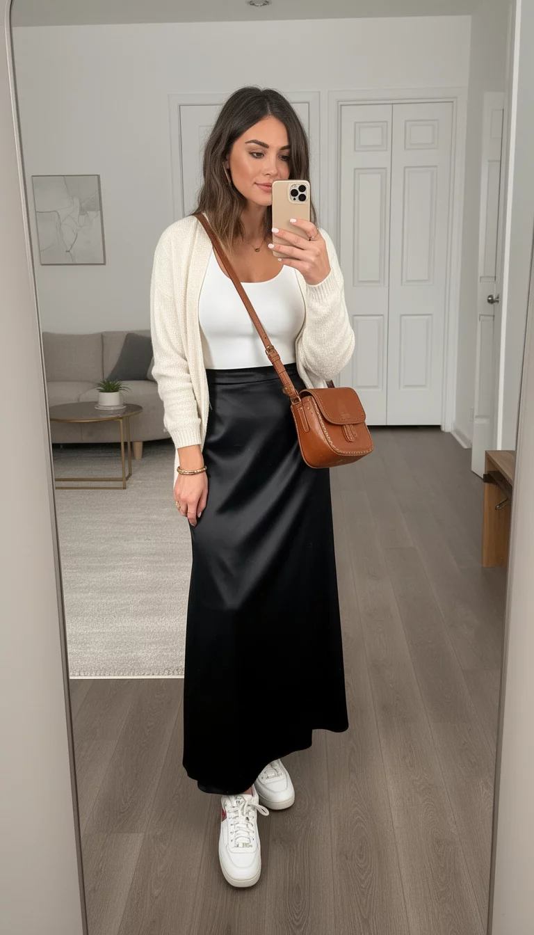 A beautiful woman in a white top, a black satin midi slip skirt, a cream cardigan, and white sneakers, with a leather crossbody bag taking a mirror selfie.