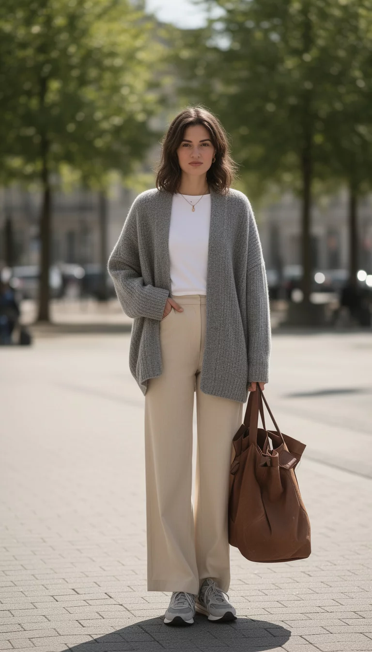 A beautiful woman in a grey oversized cardigan over a white top, beige wide-leg trousers, and grey sneakers, holding a large brown bag.