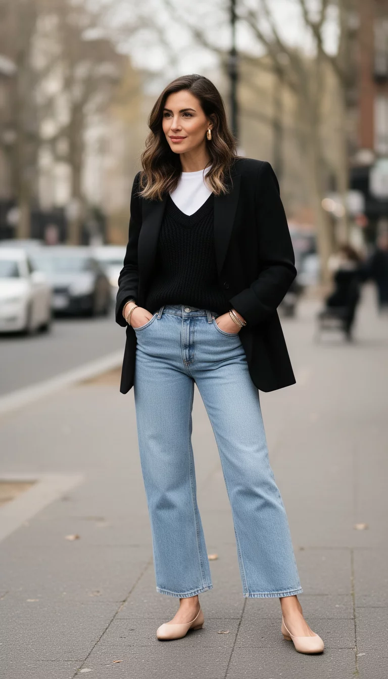 A beautiful woman in light wash wide-leg cropped jeans, a white top, a black ribbed sweater underneath, a black blazer, and nude ballet flats.