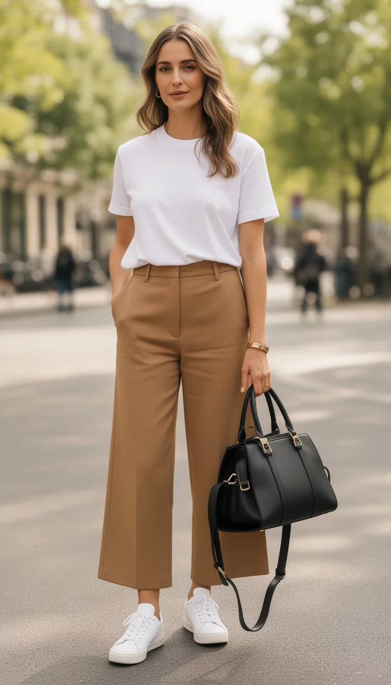A beautiful woman in a tucked-in white t-shirt, tan ankle-length trousers, white sneakers, and holding a black structured tote bag.